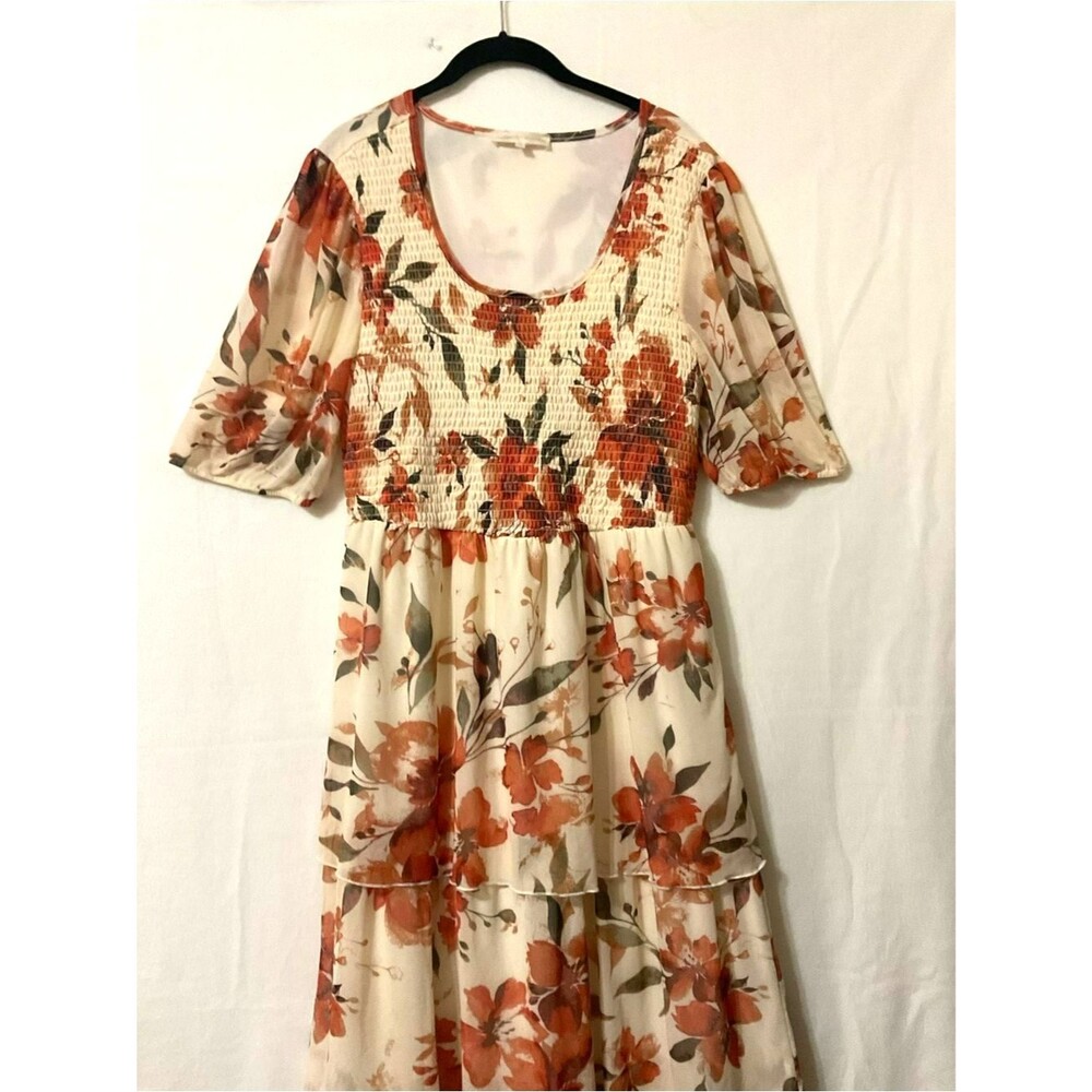 Madison Hudson Boho Floral Smocked Tiered Maxi Dress XL Terracotta